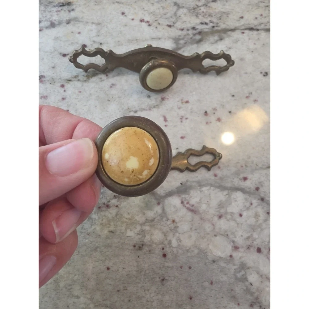 vintage lot of 2 cast & pressed brass Knob DRAWER PULLS 4